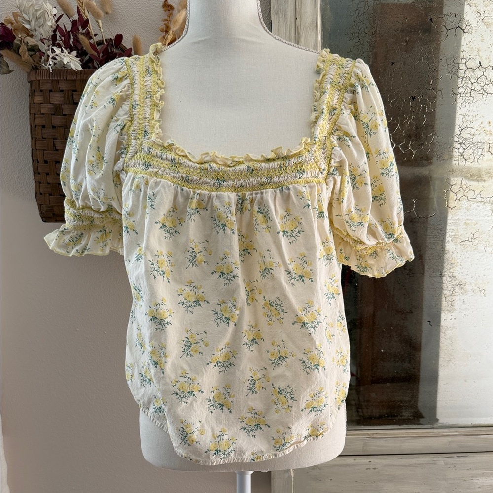 Bohme Floral Puff Sleeve Blouse in Yellow and Cream